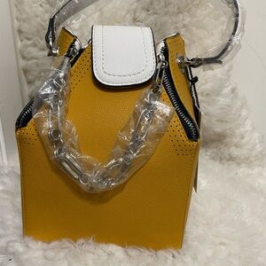 Yellow and White Structured Women’s Handbag with Chain Accent